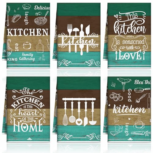 6 Pcs Green Farmhouse Kitchen Towels Decorative Sets Dish Towels Absorbent Fast Drying Hand Tea Vintage Hanging Reusable Cleaning Dishcloths for Cooking Farmhouse Bathroom Accessory - color: Green, style: Classic