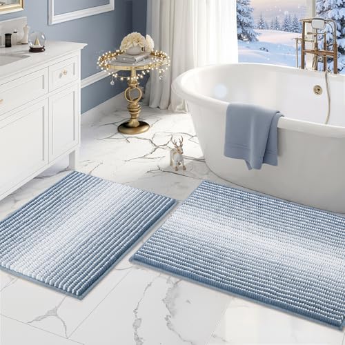 Bathroom Rugs Sets 2 Piece, Non Slip Striped Bath Mats, Fog Blue | 20"x32" Plus 16"x24", Soft Absorbent Chenille, Quick Dry Machine Washable, Shower Rug for Bathroom Floor, Tub, Bedroom Decor - color: Fog Blue, size: 20" x 32" Plus 16" x 24"