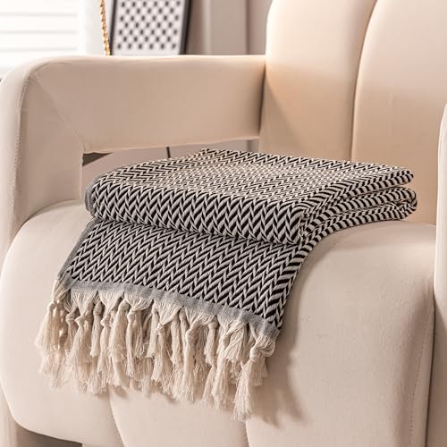 Peshtemania Premium Cotton Light Weight Boho Throw Blanket 50”x60” Gray Black and Off White for Bed Chair Couch Farmhouse Turkish Throws for Sofa Bedroom Outdoor Fall Throw Blanket Yoga Blanket - color: Black