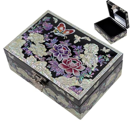 Korean Mother-of-Pearl Keepsake Box with Mirror – Floral & Butterfly Inlay – Handmade Trinket Memory Box – Black Lacquer Gift for Women, Birthday, Anniversary, Christmas (Peony & Butterfly) - style: Peony & Butterfly