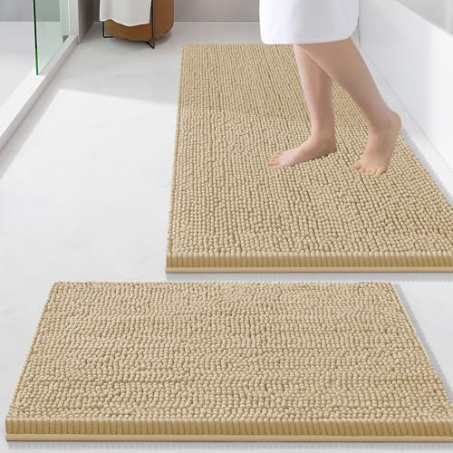 Smiry Chenille Bathroom Rugs Sets 2 Piece (34x21+24x16, Beige) | Soft Absorbent Machine Washable Non Slip Shaggy Bath Rug Set for Tub, Shower, and Floor, Home Decor - color: Beige, size: 34"X21"+24"X16"