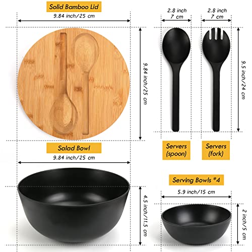 ShineMe Salad Bowls, Large Salad Bowl with Lid and Servers, Bamboo Salad Bowl Set with 4Pack Small Serving Bowls, 9.8inches Solid Kitchen Bowl for Fruits, Vegetables and Pasta...(Black) - color: black with utensils