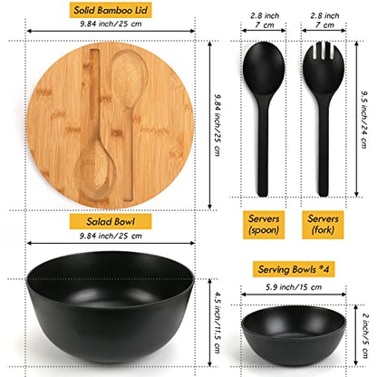 ShineMe Salad Bowls, Large Salad Bowl with Lid and Servers, Bamboo Salad Bowl Set with 4Pack Small Serving Bowls, 9.8inches Solid Kitchen Bowl for Fruits, Vegetables and Pasta...(Black) - color: black with utensils