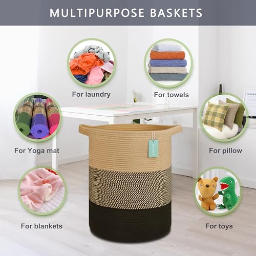 Cotton Rope Blanket Basket, 72L Tall Laundry Hamper, Brown & Black | 16"x 22", Large Collapsible Woven Nursery Hamper with Sturdy Handles for Clothes Toys Towels, Bedroom Living Room Bathroom - color: Brown & Black, size: 72L (16"x22")
