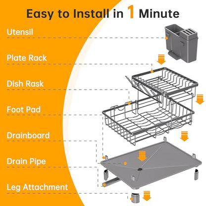 2 Tier Large Detachable Dish Drying Rack for Kitchen Counter, Gray | Compact Dish Drainer Organizer, Rust-Resistant, Space-Saving Dish Rack with Drainboard, Utensil Holder, Kitchen Organizer - color: 2 Tier-gray