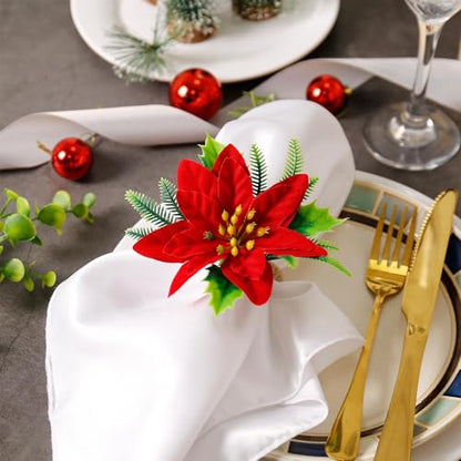 wonlex Flower Napkin Rings Set of 12, Farmhouse Red Green Napkin Rings Holder Buckle for Xmas Mother's Day Dinner Parties Wedding Table Setting(Red Flower) - style: Xmas Flower