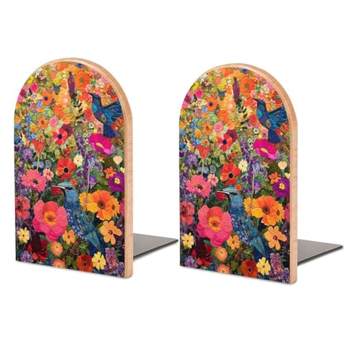 Colorful Flowers Garden and Birds Wooden Bookends Shelves 2 PCS Joyful Nature Collage Sturdy Book Holders Desktop Organizer for Home Office Libraries - color: Color
