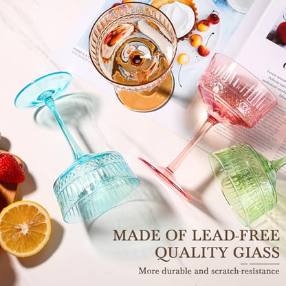 Amber Coupe Cocktail Glasses set of 6 - Ribbed Coupe Cocktail Glasses 9oz, Unique Cocktail Glass for Bar, Martini, Impressive Cocktail Party Glasses - color: Amber