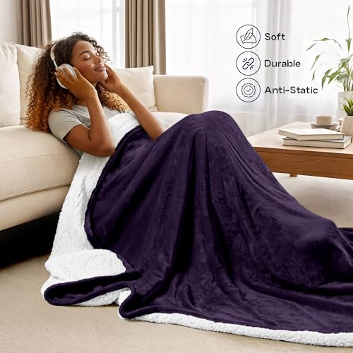 Utopia Bedding Reversible Plush Sherpa Blanket Throw Size Plum, 50x60 Inch | Soft, Warm, Fleece, Bed, Sofa, Couch, Camping, Travel, Cozy, All Season - color: Plum, size: Throw (50x60 Inch)