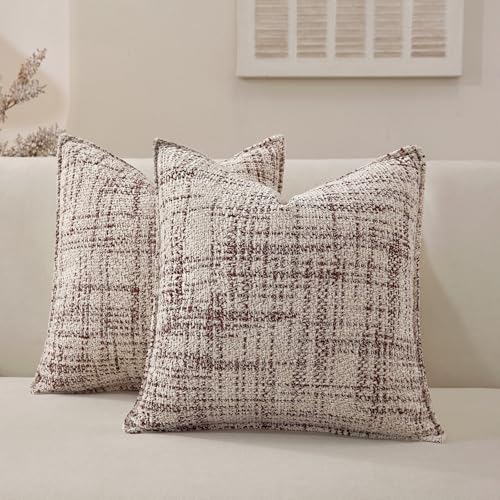 Chenille Throw Pillow Covers 20x20 Set of 2, Thick Soft Tweed Textured Decorative Boho Pillow Covers with Elegant Design for Couch, Sofa, Living Room, Brown - color: Brown, size: 20" x 20" (Pack of 2)
