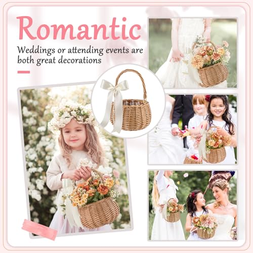 Weysat 2 Pcs Small Flower Girl Basket with Handle, Pearl and Bow, Wicker Rattan Flower Basket Set, Rustic, Cute, Hand Woven for Wedding Girl Home Decorations Picnic Garden Candy Sweets Gifts Storage - style: Pearl and Bow