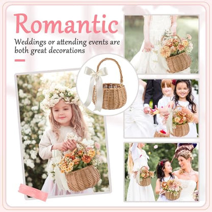 Weysat 2 Pcs Small Flower Girl Basket with Handle, Pearl and Bow, Wicker Rattan Flower Basket Set, Rustic, Cute, Hand Woven for Wedding Girl Home Decorations Picnic Garden Candy Sweets Gifts Storage - style: Pearl and Bow
