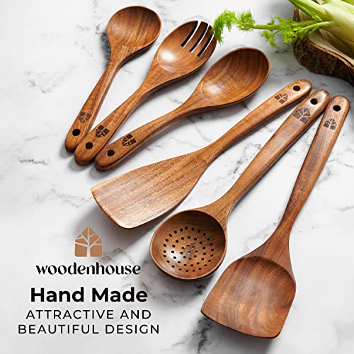 Wooden Spoons for Cooking, Teak Wood Kitchen Utensil Set – Multipack | Comfortable Grip, Non-Stick, Food-Safe & Easy to Clean Natural Cookware - size: 6 piece set