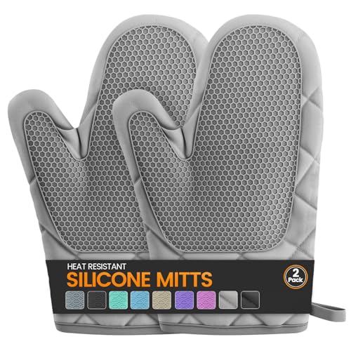 Silicone Oven Mitts, Heat Resistant 2PCS Oven Mitts with Soft Cotton Lining, Waterproof Non-Slip Grip Oven Glove, Kitchen Potholder Mits for BBQ, Baking, Cooking, 10.5Inch - Dark Grey - color: Dark Grey