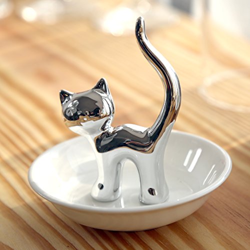 PUDDING CABIN Cat Ring Holder Gift for Women, Cat Mom Mothers Day Gifts, Birthday Gifts for Women Girls Friends, Cute Kitty Ceramic Jewelry Rings Earrings Necklace Holder Home Decor - style: Sliver Cat