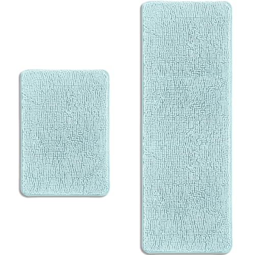 Aqua Bathroom Rugs Sets 2 Piece – Absorbent and Washable Bath Mat, Non-Slip, Thick Soft Chenille Bath Rugs for Bathroom Floor, Sink(17" x 24"+17" x 47") - color: Aqua, size: 17"x47" and 17"x24"