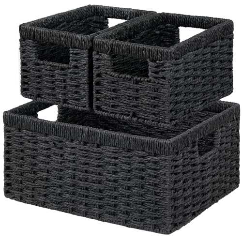Wicker Storage Basket, Set of 3 Wicker Basket, Hand-Woven Paper Rope Storage Baskets for Organizing, Large Cube Storage Organizer Bins Baskets for Shelves Small Toilet Paper Baskets, Black - color: A-Black