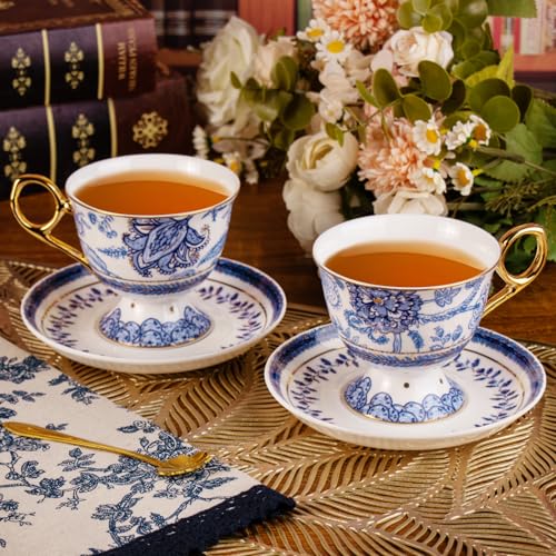 KAMMAK Tea Cups and Saucers Set of 2, Fine Bone China Coffee Cups, 572N | Stackable Espresso Mugs, Ceramic Demitasse for Coffee, Cappuccino, Latte, Americano, Tea - size: 7KPSP572N