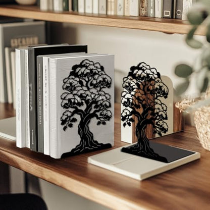 5.3"x4.3"x7.9" Metal Bookends, Heavy Duty Book Ends for Shelves | Big Tree Theme Cast Iron Book Supports, 1 Pair Decor Stoppers for Desk, Library, Office & Home Shelves - style: Big Tree