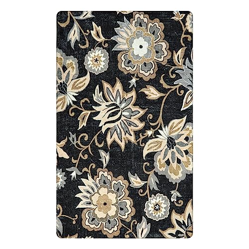 Lahome Floral Washable Living Room Area Rug - 3x5 Non-Slip Low-Pile Rugs for Entryway, Throw Small Stain Resistant Kitchen Rugs Soft Black Paisley Print Carpet for Office Bedroom Laundry Room Office | Low-Pile Small Stain Resistant Kitchen Rug, Soft Black