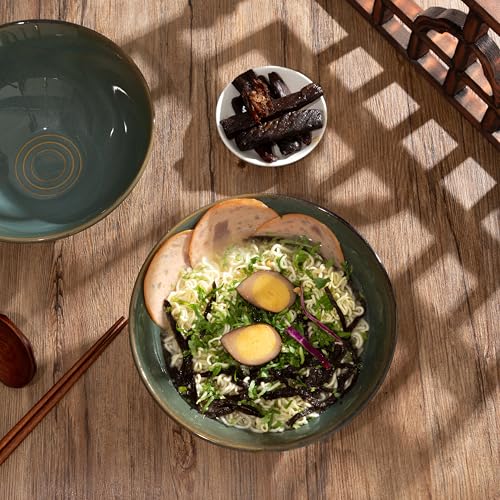 8 Inch Ceramic Ramen Bowl Set of 2, 40oz Japanese Bowls with Spoons & Chopsticks,Durable,Microwave & Dishwasher Safe,Perfect for Ramen,Pho,Salad,Soup,Noodles，Mixing bowls（Dark Teal） - color: Dark Teal