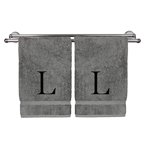 Monogrammed Hand Towel, Personalized Gift, Set of 2- Black Block Letter Embroidered Towel - Extra Absorbent 100% Turkish Cotton - Soft Terry Finish - Initial L Gray - color: Gray & Black, size: Initial L