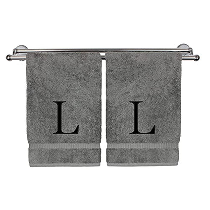 Monogrammed Hand Towel, Personalized Gift, Set of 2- Black Block Letter Embroidered Towel - Extra Absorbent 100% Turkish Cotton - Soft Terry Finish - Initial L Gray - color: Gray & Black, size: Initial L