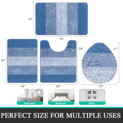 Bsmathom Bathroom Rug Set 4 Piece, Plush Microfiber Bath Mat, Blue | Super Water Absorbent, Non Slip Machine Washable Bath Rug Sets with Toilet Lid Cover and U-shaped Contour Toilet Mat - color: Blue, size: 18"x26"+20"x31"+U20"x24"+Cover19"x21"