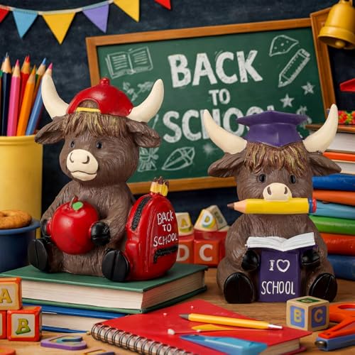 Wesiti 2 Pcs Back to School Highland Cow Figurines Decor | Gnomes Scottish Resin Statue, Calf Lovers Gifts, for Farmhouse Home Garden Kitchen Office, Table Shelf Tiered Tray Decor - style: Back to School