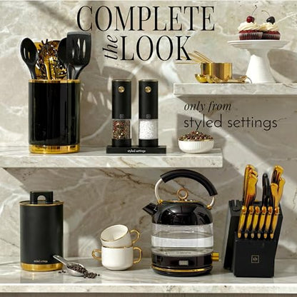Styled Settings Electric Salt and Pepper Grinder Set Rechargeable, Black | Automatic Salt and Pepper Shaker Set with USB-C Port, LED Light, Adjustable Coarseness, One Touch Control, Stainless Steel - color: Black