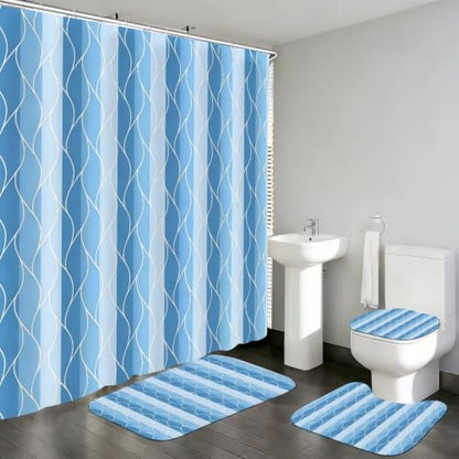 DDQQ 4Pcs Light Blue Bathroom Set Stripe Shower Curtain Set Modern Geometric Shower Curtain for Bathroom with 12 Hooks, Bathroom Carpet Bath Mat and Toilet Rugs - color: Light Blue