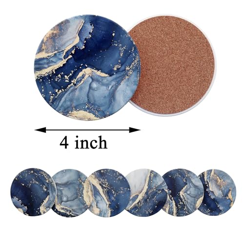 Navy Blue Marble Ceramic Coasters with Holder Absorbent Drink Coaster Set Outdoor Round Abstract Cute Table Decorative Coffee Cup Beverage Fun Wine Beer Bar Gold Housewarming 6 Pack - style: Navy Blue Gold