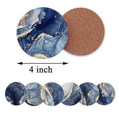 Navy Blue Marble Ceramic Coasters with Holder Absorbent Drink Coaster Set Outdoor Round Abstract Cute Table Decorative Coffee Cup Beverage Fun Wine Beer Bar Gold Housewarming 6 Pack - style: Navy Blue Gold