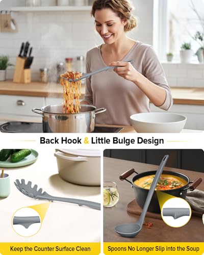 Silicone Pasta Fork and Soup Ladle Set, Heat Resistant Non Stick Kitchen Utensils with Back Hooks, Suitable for Cooking, Stirring, Serving Spaghetti, Soup, Sauce (GRAY) - color: Gray