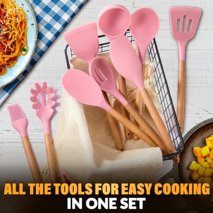Kitchen Utensils Set with Holder for Nonstick Cookware - 12 Pcs Pink Silicone Cooking Utensils Set, Kitchen Tools for Daily Cooking - Wooden Handle Cooking Tools for Baking Serving and Mixing Tasks - color: Pink