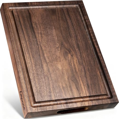 Empune Black Walnut Wood Cutting Boards for Kitchen Wooden Cutting Board with Handle, Chopping Board with Built-in Juice Groove & Well, Heavy-duty Charcuterie Board Butcher Block, 16.5x11.8x1.4 Inches - color: Black Walnut