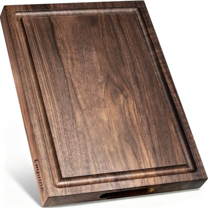 Empune Black Walnut Wood Cutting Boards for Kitchen Wooden Cutting Board with Handle, Chopping Board with Built-in Juice Groove & Well, Heavy-duty Charcuterie Board Butcher Block, 16.5x11.8x1.4 Inches - color: Black Walnut