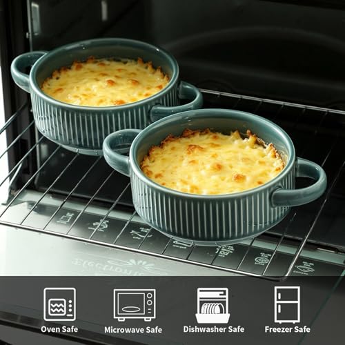 Soup Bowls with Handles, 23 oz French Onion Soup Crocks, Stackable Soup Bowl Oven Safe for Chili, Beef Stew, Embossment Ceramic Bowl Set - 5.4 Inch, Set of 4,Light blue - color: Light Blue
