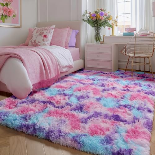 Rainbow Area Rugs for Girls Bedoom 4x6 Ft, Fluffy Cute Colorful Pastel Rug | Ultra Soft Princess Carpet for Kids Teens Nursery, Adorable Dorm Rug for Room Decor Aesthetic, Hot Pink Purple Bedroom Decor - color: 2- Rainbow Hot Pink, size: 4' x 6' (Rectangu