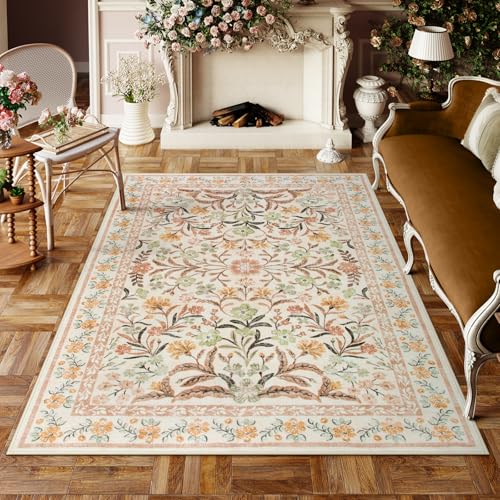 Lahome 5x7 Fall Floral Nursery Rug, Boho Fall Washable Rugs for Living Room | Soft Cottage Core Thin Carpet for Dorm Kids Room Bedroom Decor, Ochre Orange - color: Ochre Fall, size: 5' x 7' (Rectangular)