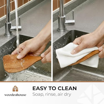 Wooden Spatula for Cooking, 12" Flat Wooden Spoon & Scraper for Frying | Natural acacia hardwood turner, nonstick & cast iron safe, non toxic, long comfort grip handle, easy to clean