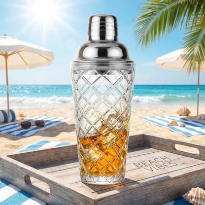 15oz Diamond-Cut Crystal Cocktail Shaker Clear Glass with Polished Stainless Steel Lid - Premium Bar Tool for Home Bartenders - Ideal for Cocktails, Mocktails, and More - color: Geometric Cocktail Tool
