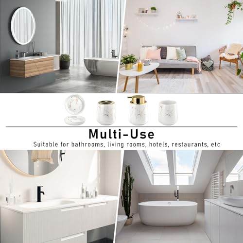 YYW Ceramic Bathroom Accessory Set, Marble Soap Dispenser Washing Set- Hand Lotion Dispenser Pump, Toothbrush Holder,Tumblers, Soap Dish-Refillable Liquid Dispenser (White Four Piece)