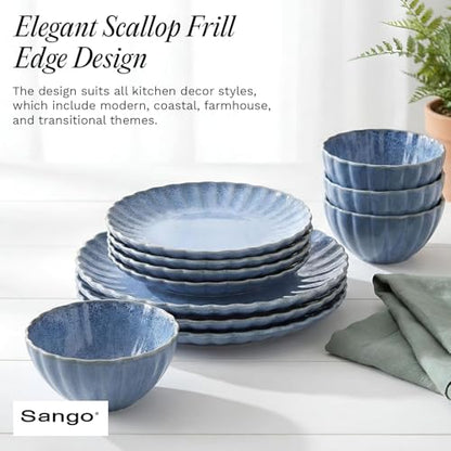 12 Pieces Stoneware Dinnerware Set, Microwave and Dishwasher Safe, for 4 | Scallop Frill Design, Chip Resistant, Ceramic, Includes Plates and Bowls - color: Blue, size: 12-Piece Set