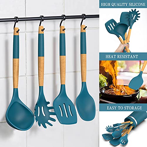 33 PCS Silicone Kitchen Utensils Set, Umite Chef Heat Resistant Cooking Utensils Set With Holder, Wooden Handle Kitchen Gadgets Tools Spatula for Nonstick Cookware