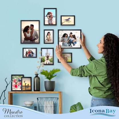Combination Black Picture Frames Set - 10 PC (Five 4x6, Three 5x7, Two 8x10), Classy Contemporary Style, Maestro Collection for Wall Gallery | Icona Bay Mixed Photo Frames - Glass Cover Sheet - Classy Contemporary Style - Wall Gallery, Collage - Table Top
