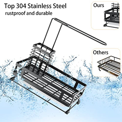 Kitchen Sink Organizer with Brush Rack - Sink Caddy with Drain-Pan | Stainless Steel Sponge Holder for Kitchen Sink with Towel Rack, Organizer for Dish Soap Dispenser, 10.5"L × 5.9"W × 10.5"H