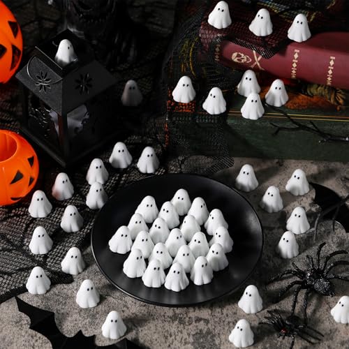 RoundFunny 50 Pcs Luminous Halloween Ghosts Miniature Resin Figurines Bulk | Mini Ghost Glow in Dark Favors, Vase Fillers Tiered Tray Table Centerpieces, Halloween Spooky Ornaments for Garden Landscape - style: Ghost