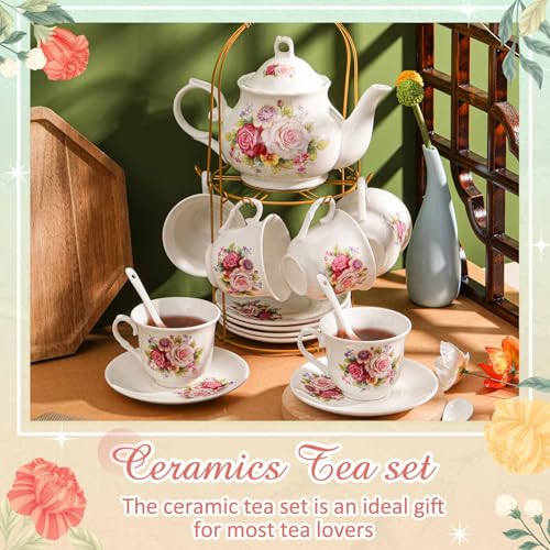 Zhehao 20 Pcs Porcelain Tea Set with Metal Holder and Spoon Adult Ceramic Tea Set European Flower Painting Teapot Cup Saucer Spoon for Women Mom Gift, Large Version (Modern Style) - color: Modern Style
