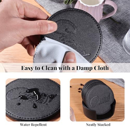 Coasters for Drinks Set of 6 with Holder, 6-Piece Leather Coasters with Embossed Cheers Marks - Durable Drink Coasters Set for Home, Bar, or Office - Black - color: Black